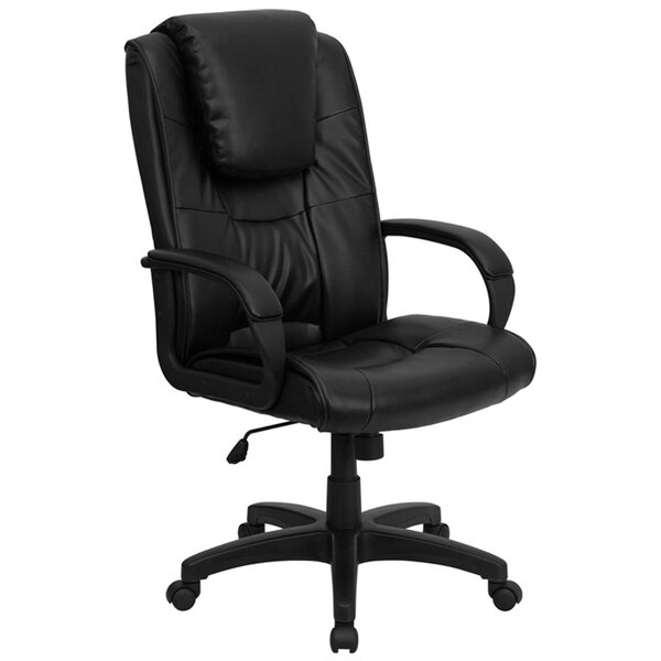 A black Flash Furniture high-back executive office chair with arms and wheels and an oversized headrest.