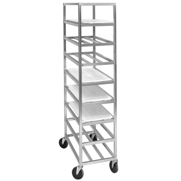 A Channel heavy-duty metal platter rack with 8 shelves on wheels.
