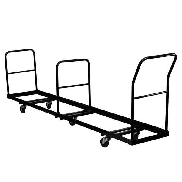 A black metal vertical folding chair truck with wheels.