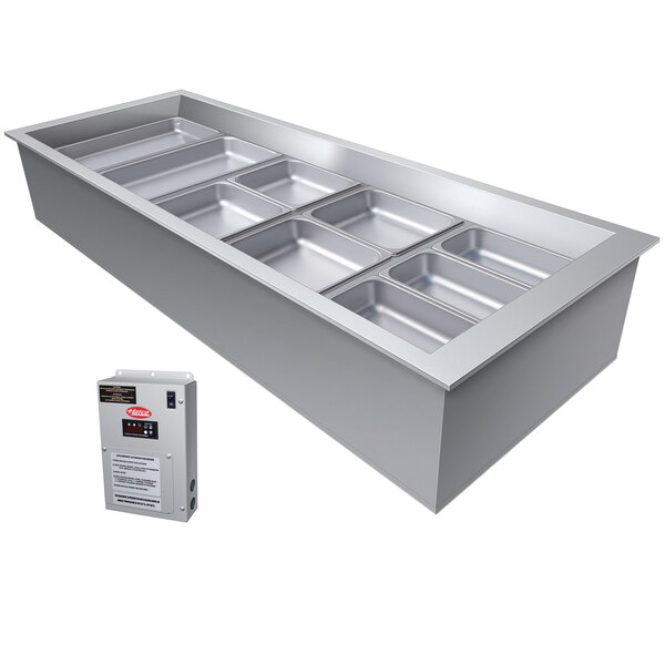 A Hatco drop-in cold food well with five rectangular silver compartments.