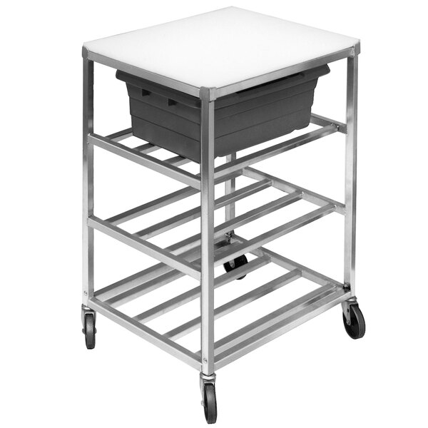 A Channel heavy-duty aluminum lug rack with three white trays on it.