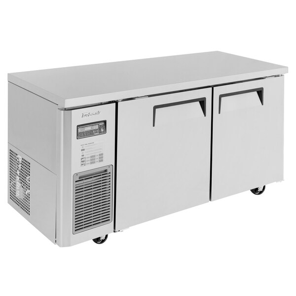 A stainless steel Turbo Air undercounter refrigerator with two doors.