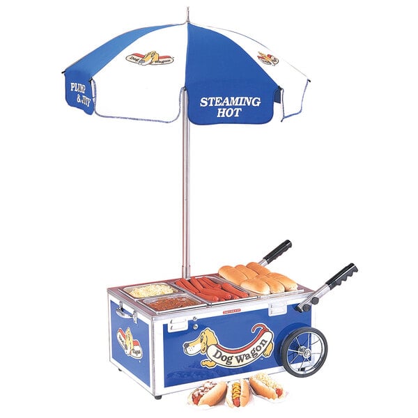 A Nemco blue mini hot dog cart with umbrella over hot dogs.