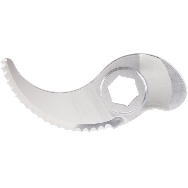 A silver Robot Coupe coarse serrated edge blade with a screw.
