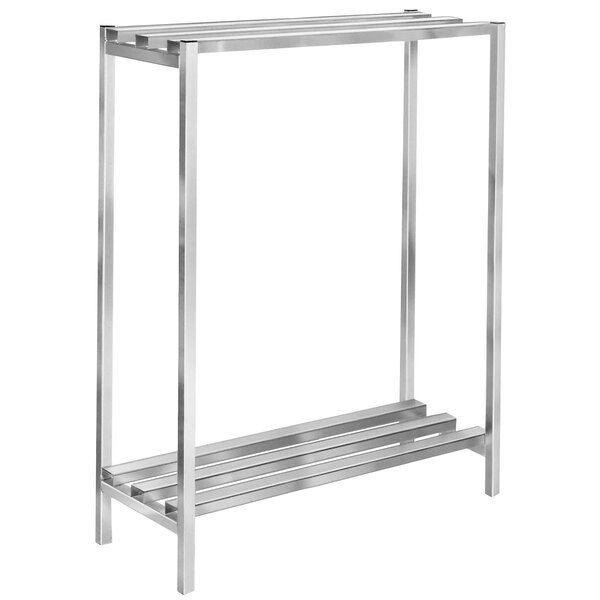 A silver metal Channel dunnage shelving unit with two shelves.
