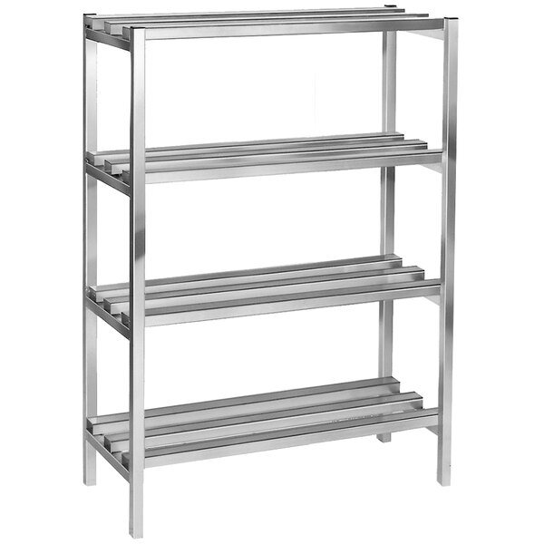 A metal Channel dunnage shelving unit with four shelves.