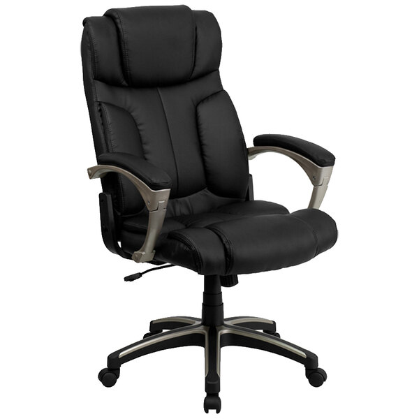 A Flash Furniture black leather high-back office chair with silver legs.