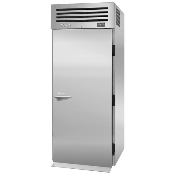 A silver Turbo Air Premiere Pro roll-in refrigerator with a solid door open.