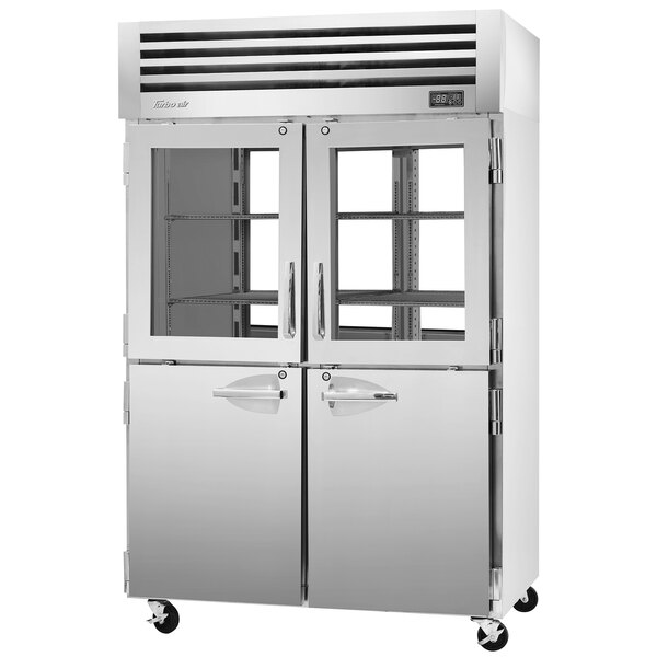 A Turbo Air Pro Series pass-through refrigerator with two glass and two solid half doors.