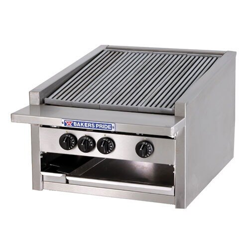 A Bakers Pride natural gas low profile charbroiler with two burners on a counter.