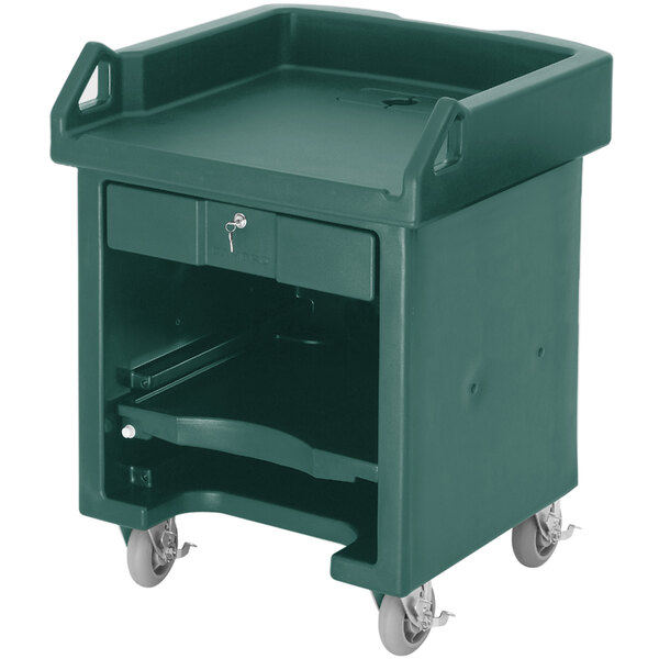 A green plastic Cambro Versa Cart with heavy duty casters.