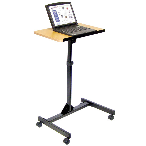 A laptop on a Luxor adjustable height mobile lectern.
