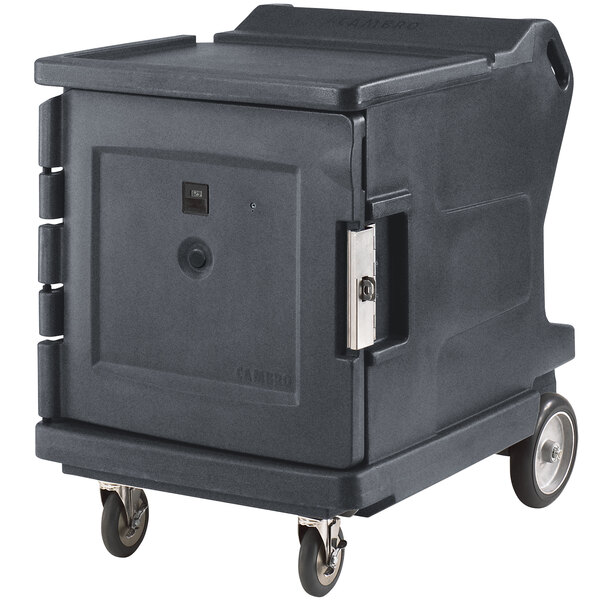 A black Cambro food holding cabinet on wheels.