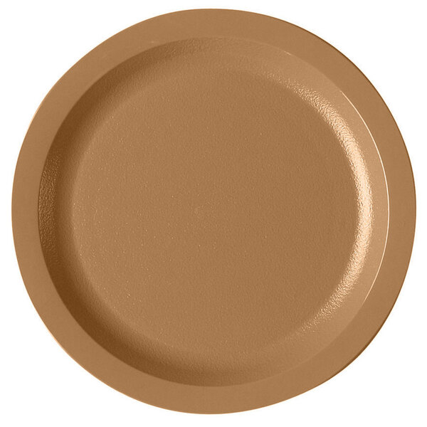 A close-up of a beige polycarbonate plate with a narrow rim.