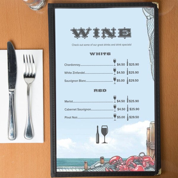 Menu paper with a seafood-themed port design on a table.