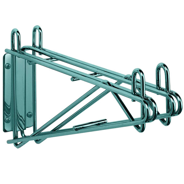 A Metroseal metal wall mount bracket for two shelves with four hooks.