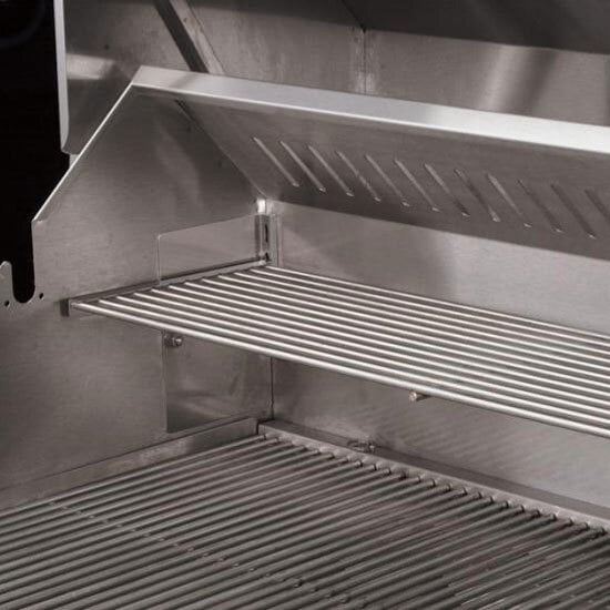 A close-up of a Crown Verity stainless steel bun rack on a grill.