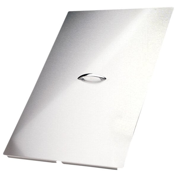 A close-up of a stainless steel Pitco fryer cover with a rectangular hole in it.