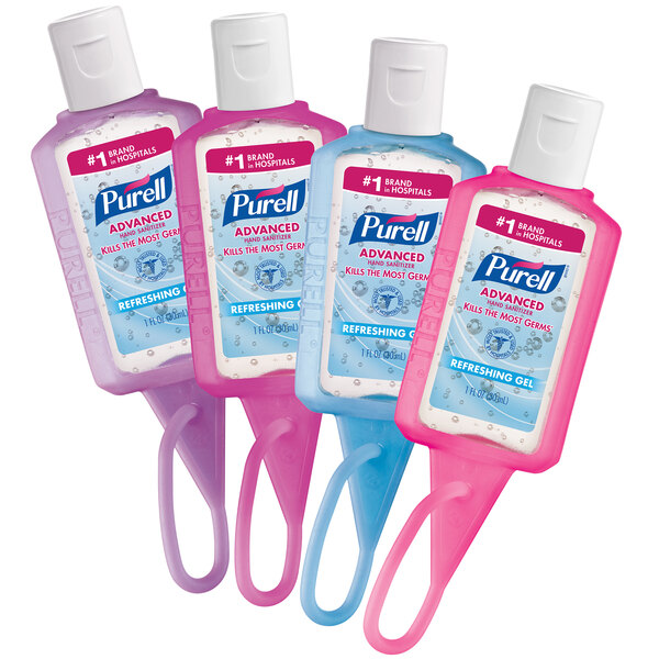 A close-up of a group of Purell Advanced 1 oz. hand sanitizer bottles with Jelly Wraps.