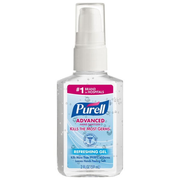 A case of 24 clear plastic bottles of Purell Advanced hand sanitizer with white caps.