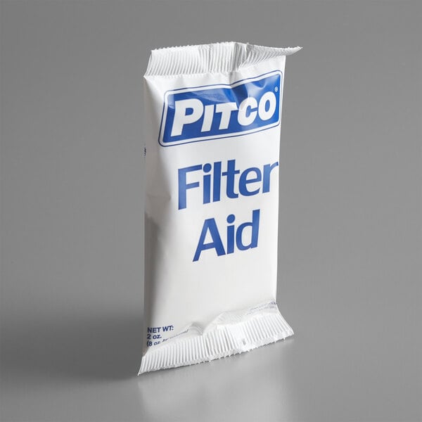 A white packet of Pitco filter powder with blue text.