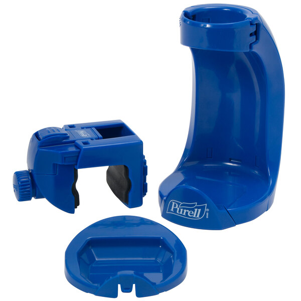 A blue plastic Purell bottle holder with a black handle.
