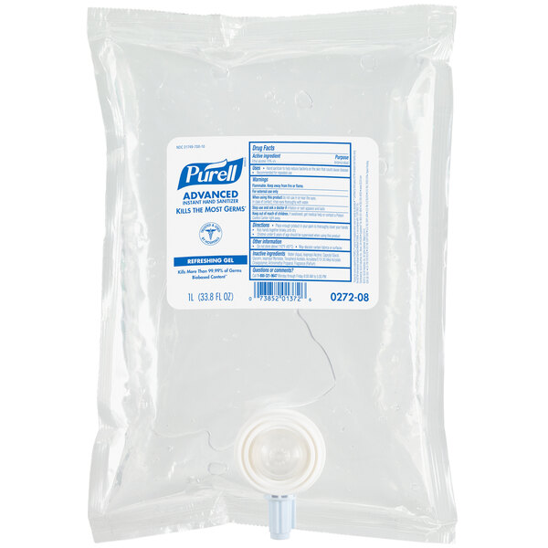 A plastic bag of Purell hand sanitizer gel with a white label and cap.