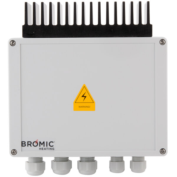 A white box with a yellow label for a Bromic Tungsten Smart Heat Wireless Dimmer Controller.