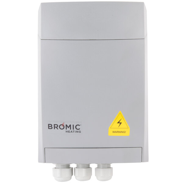 A white rectangular Bromic Heating box with a yellow label.