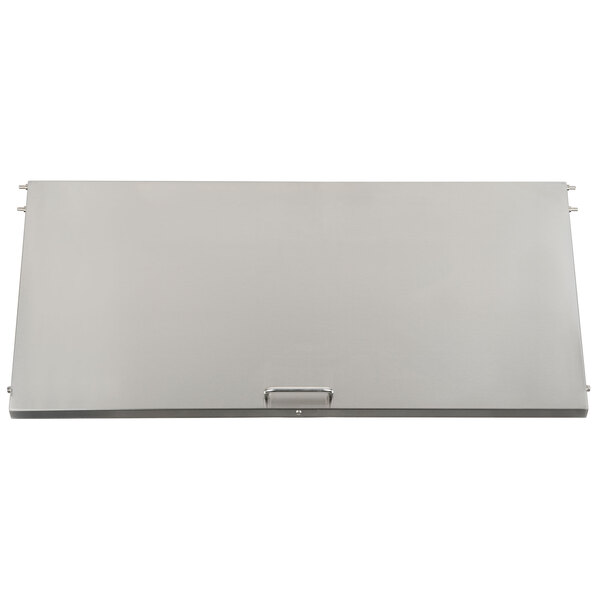 A rectangular metal lid with handles on a white surface.