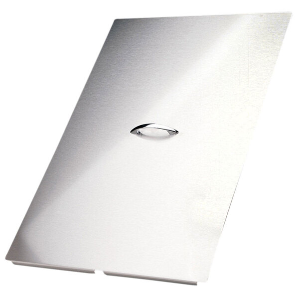 A silver rectangular stainless steel Pitco fryer cover with a hole in it.