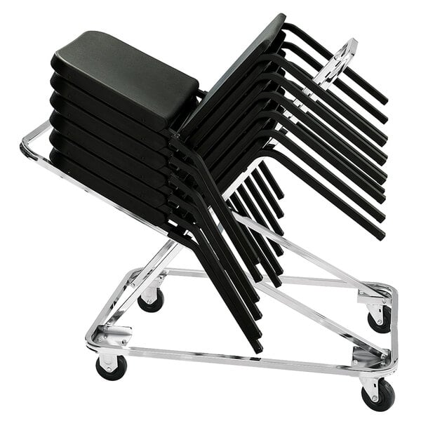 A stack of National Public Seating Melody chairs on a metal cart.