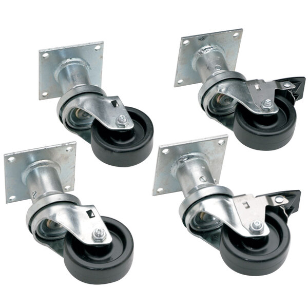 A set of four black Pitco casters with wheels.