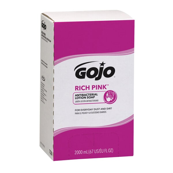 A white box of GOJO Rich Pink Antibacterial Lotion Soap with a purple label.
