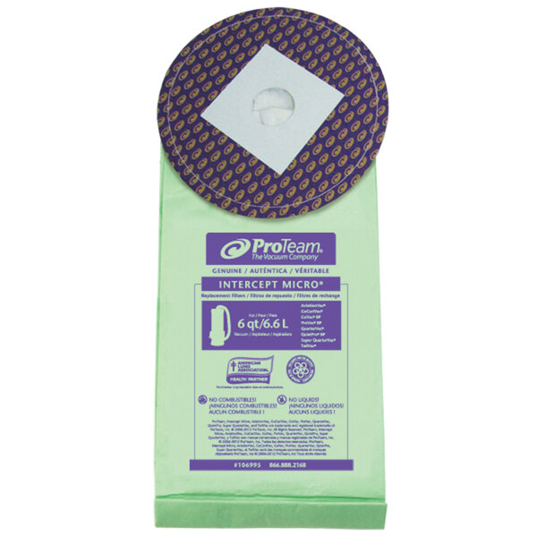 A package of 10 green ProTeam vacuum bags with circular objects on top.