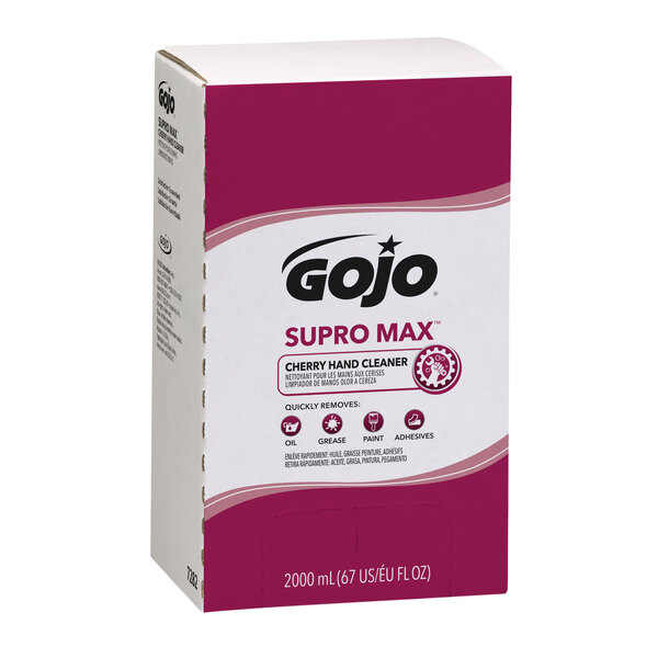 A white and blue box of 4 GOJO Supro Max Cherry hand cleaner refills.