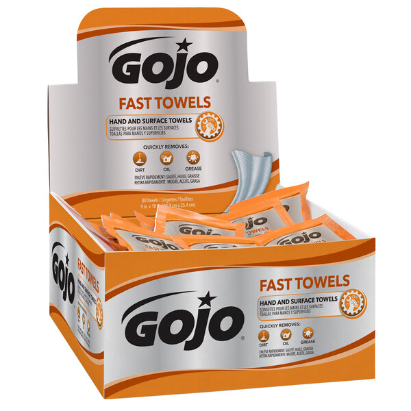 A display carton of 4 GOJO Fast Towels hand cleaning wipes.