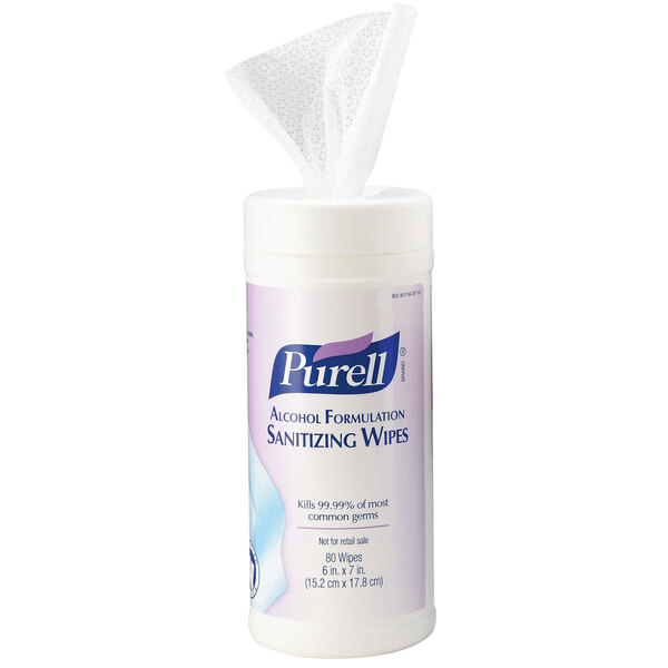 A white canister of Purell sanitizing wipes with a white label.