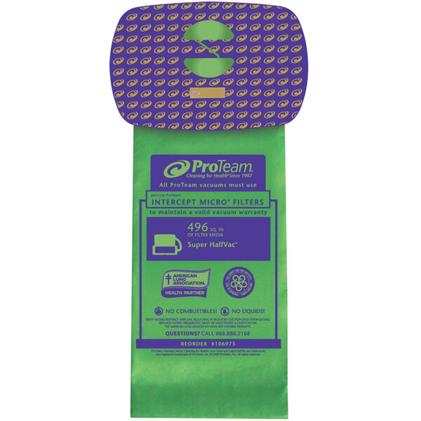 A pack of 10 ProTeam vacuum bags with a blue and green logo.