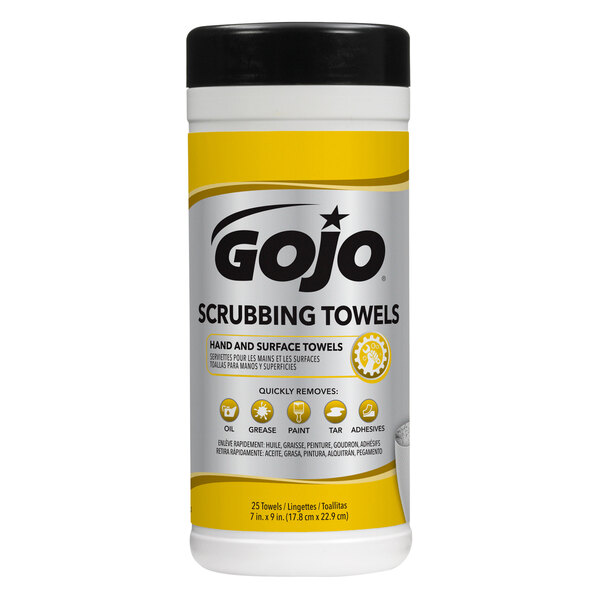A yellow and silver GOJO container of heavy duty scrubbing towels with black text.