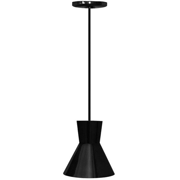 A Hanson Heat Lamp ceiling mount heat lamp with a black finish over a restaurant table.
