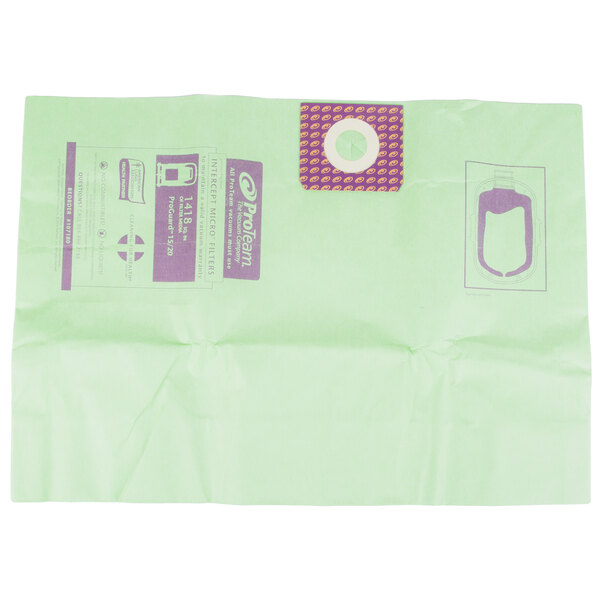 A green ProTeam vacuum cleaner bag with purple and yellow labels.
