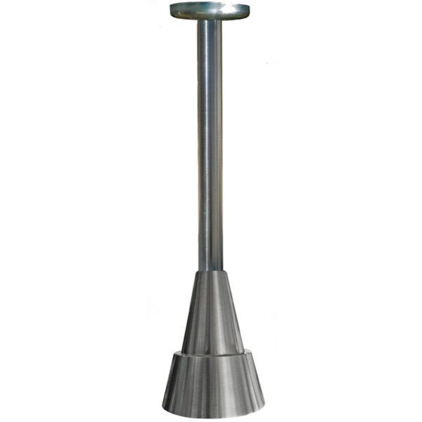 A Hanson Heat Lamps stainless steel ceiling mount heat lamp with a metal pole and round base.
