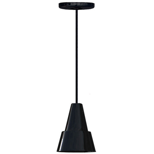 A black ceiling-mounted heat lamp with a long black pole.