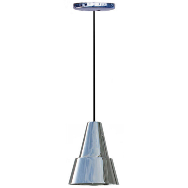 A silver Hanson Heat Lamp with a chrome finish hanging from the ceiling.