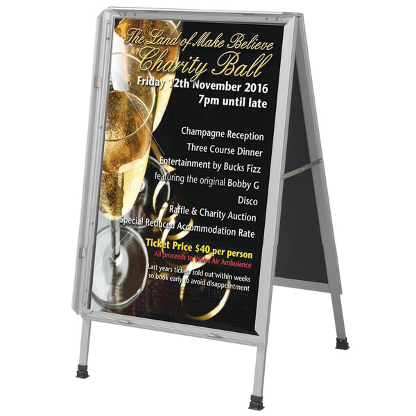 An Aarco satin aluminum A-frame sign with text and images on it.
