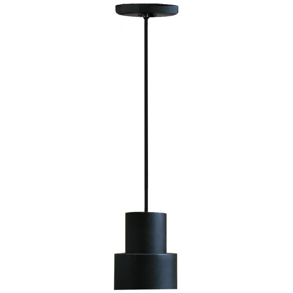 A Hanson Heat Lamps black ceiling mount heat lamp with a long black pole.