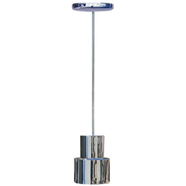 A Hanson Heat Lamps ceiling mount heat lamp with a chrome finish and a silver pole.