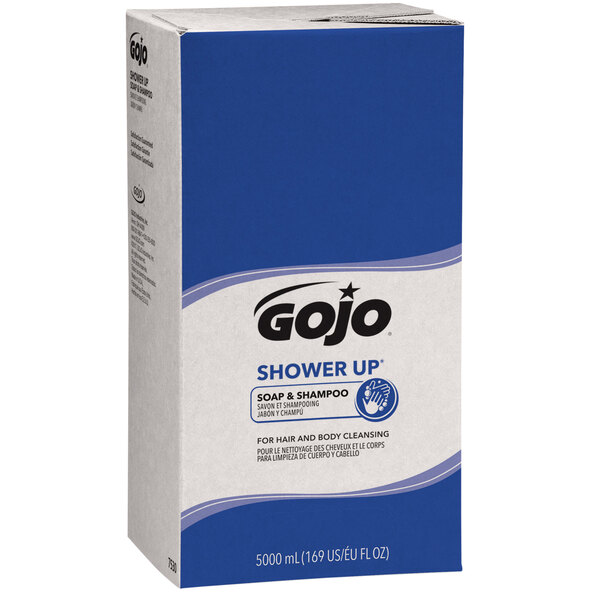 A blue and white GOJO soap box labeled "GOJO TDX 5000 mL Shower Up Soap & Shampoo" with blue and white text.