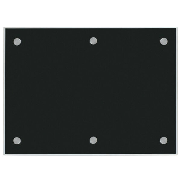 A black rectangular glass markerboard with silver metal rivets.